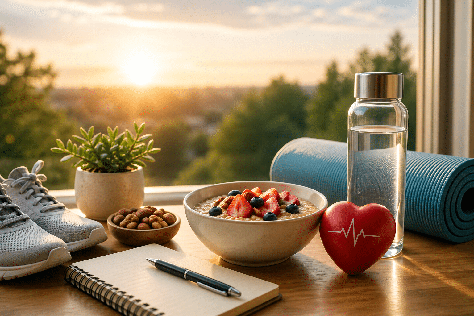 Healthy morning desk setup with an oatmeal bowl topped with berries, a water bottle, yoga mat, notebook and pen, and a heart-health symbol nearby.