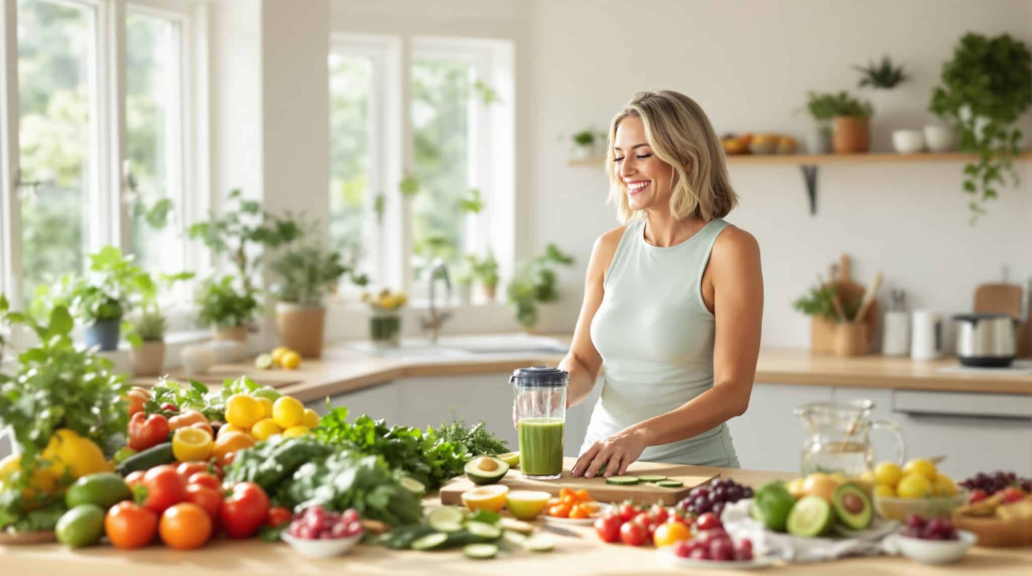 Smiling woman making a green smoothie in a bright kitchen full of fresh fruits and vegetables