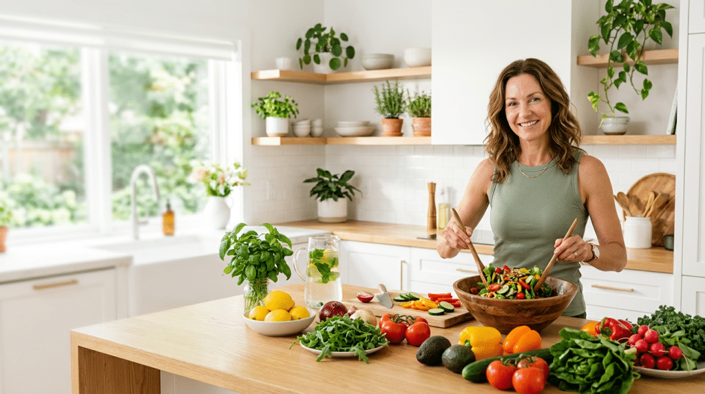 Woman tossing a colorful salad at a kitchen island filled with fresh produce