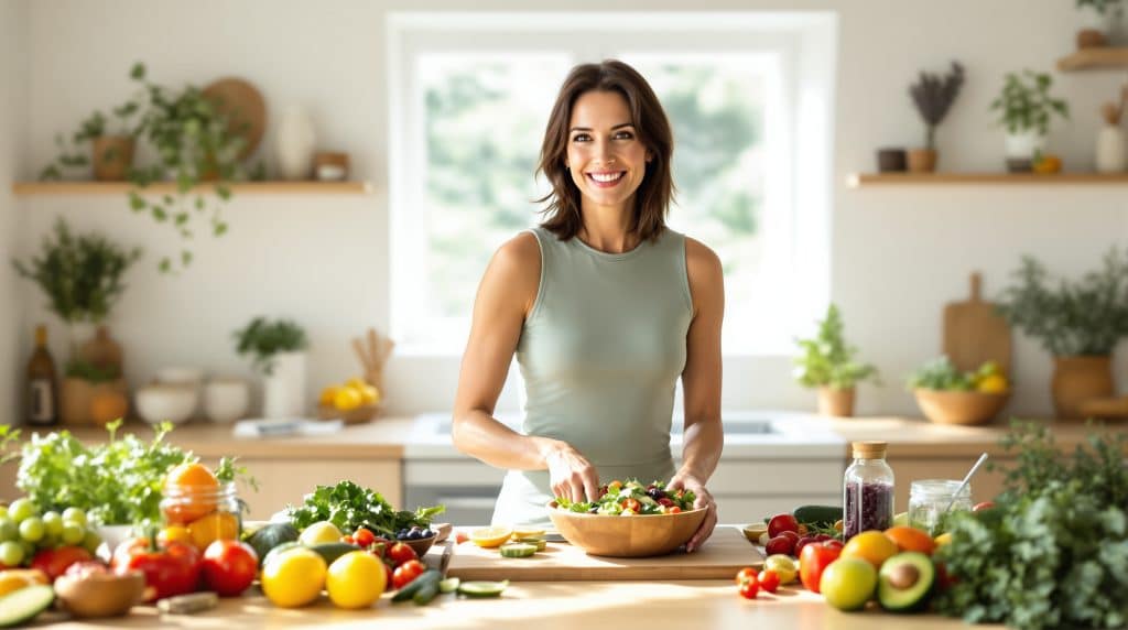 Smiling woman preparing a fresh salad in a bright kitchen surrounded by fruits and vegetables