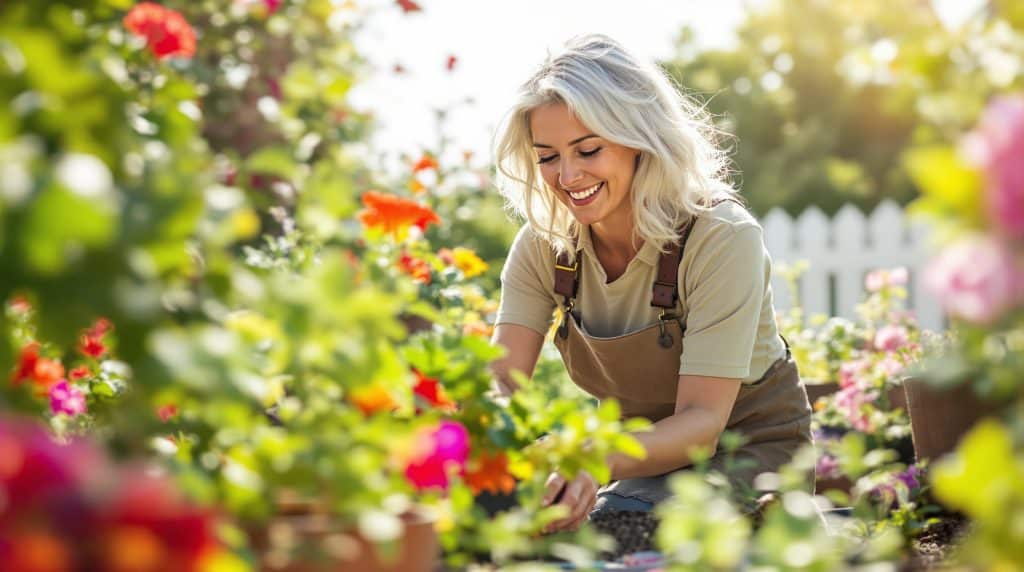 Silver-haired woman smiling while tending a sunny flower garden