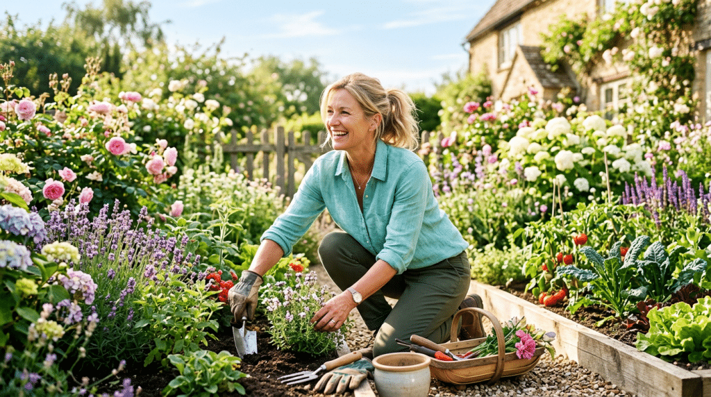 Woman laughing as she works in a lush vegetable and flower garden