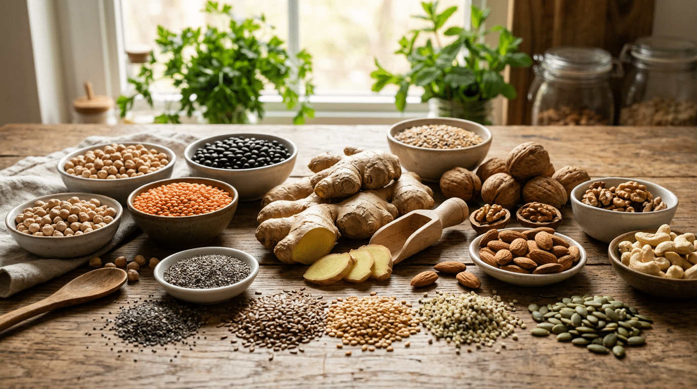 Legumes, Seeds, Nuts, and Ginger — Fiber, Omega-3s, and Digestive Support